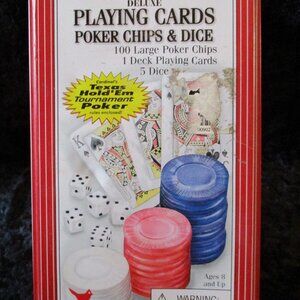 2004 NIP Cardinal Deluxe Playing Cards Poker Chips & 5 Dice in Collectible Tin